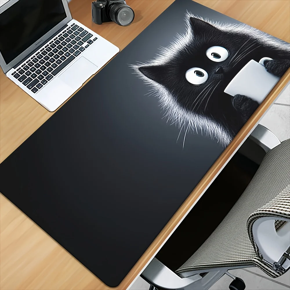 Extra-large gaming desk pad - Anti-slip XXL mouse pad and workspace pad, featuring a cute black cat pattern, with anti-slip
