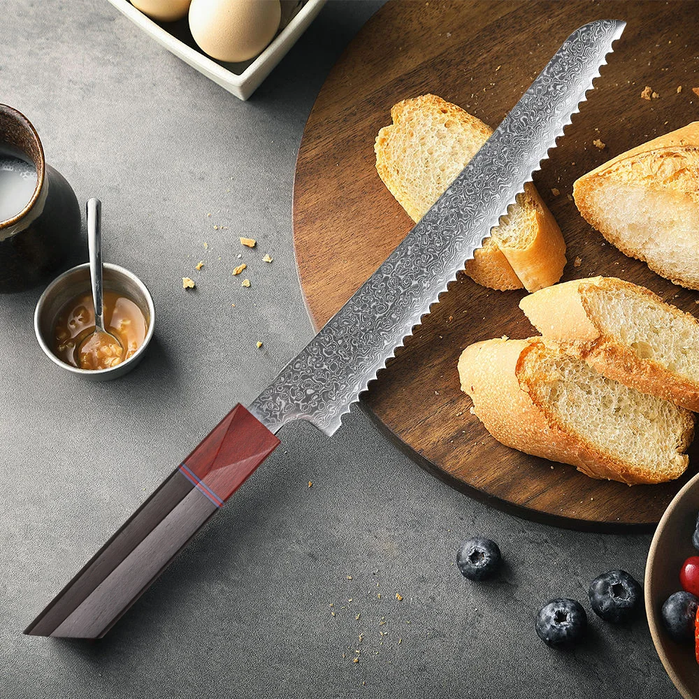 F.YOUNG 8.5-inch Serrated Bread Knife Hand Forged Damascus Steel Kitchen Japanese Chef Knives Cutting Cheese Cake Toast Tools