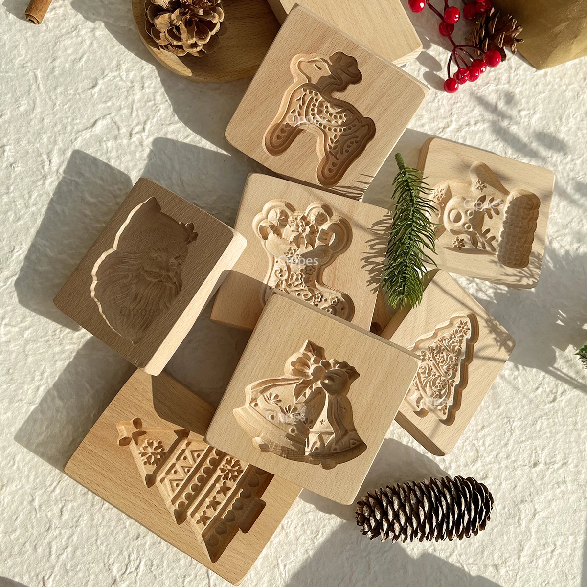 1PC Christmas Wooden Cookie Mold, Animals Patterns, 3D Carved Embossed Biscuit Cutter Moulds, Bird, Bear, Tiger, Horse, Squirrel