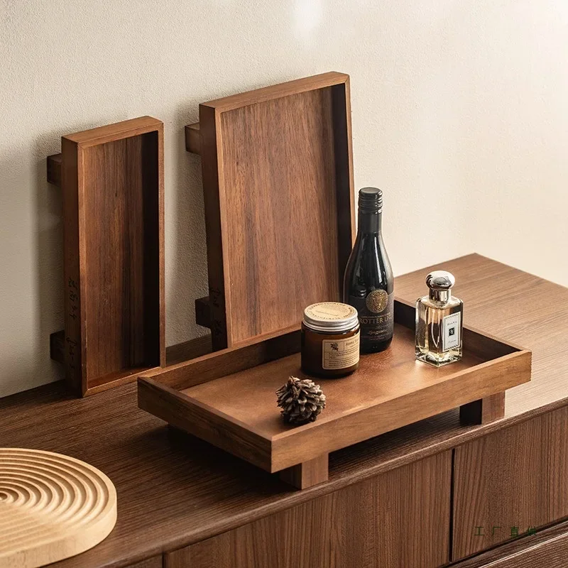Retro Solid Wood Tray, Light Luxury Multi-functional Living Room Coffee Table, Desktop Shelf, Jewelry Key High-end Storage Trays