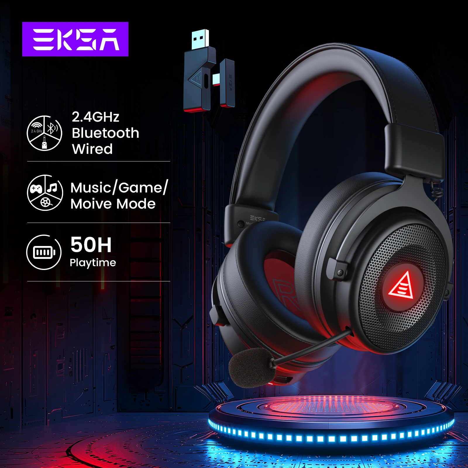 EKSA E900 BT 2.4G Wireless/Wired Gaming Headphones, Bluetooth 5.0 Headset Gamer, For PC/PS4/PS5/Xbox, with ENC Mic, 50H Playtime