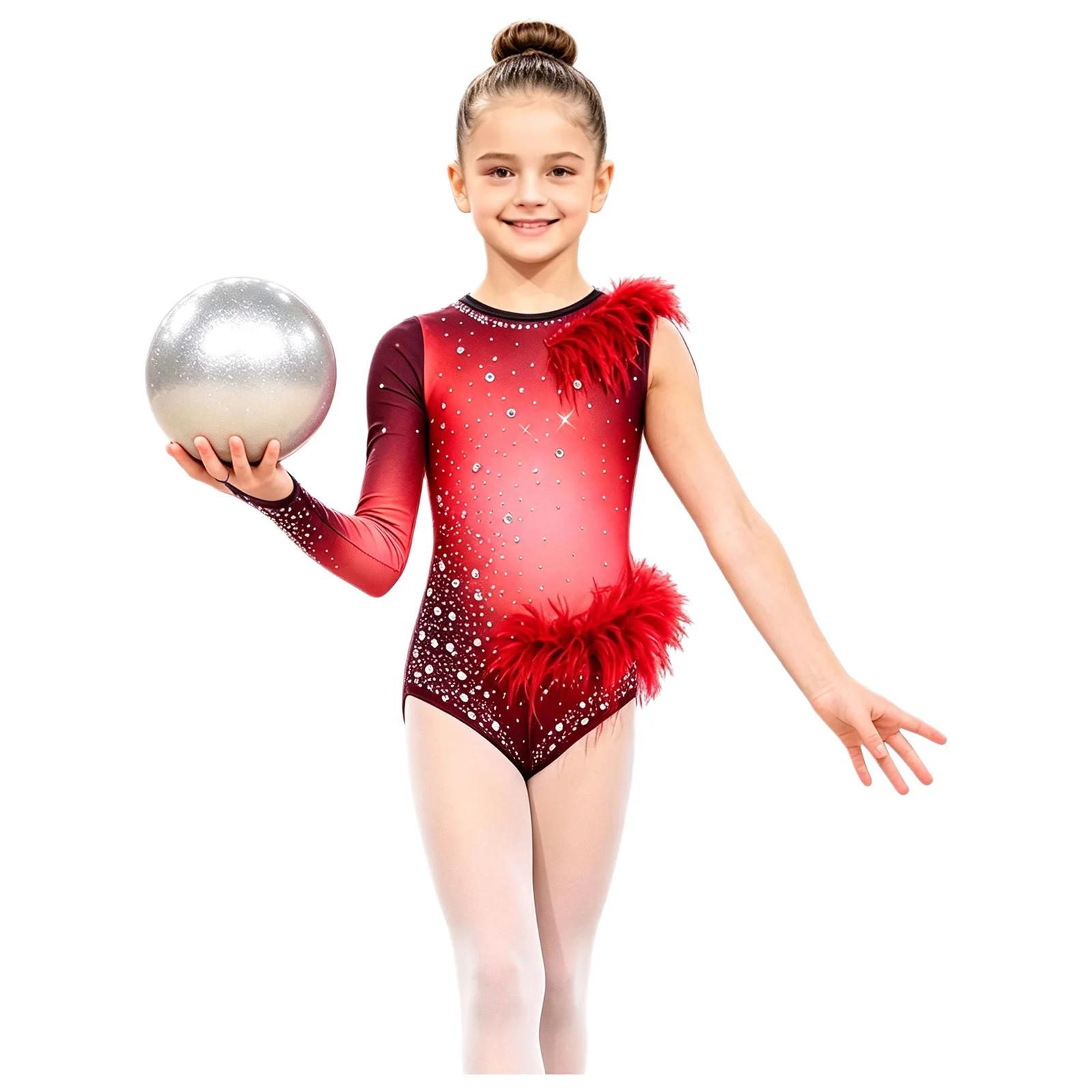 Kids Girls Gradient Color Gymnastics Leotard Asymmetrical Single Long Sleeve Keyhole Back Dance Unitards Rhinestone Bodysuit