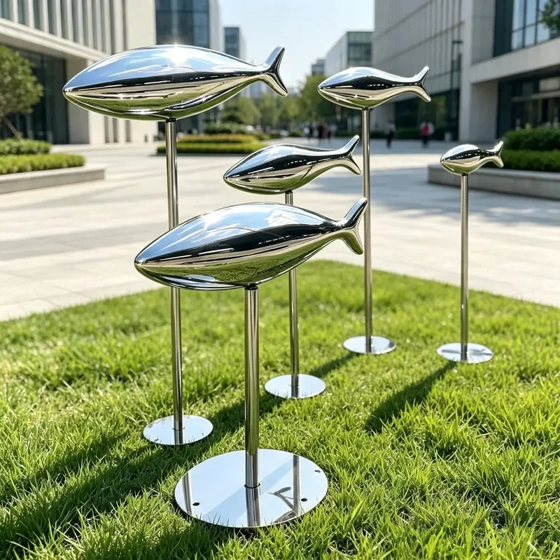 Modern Stainless Steel Fish School Sculpture Outdoor Garden Art Mirror Finish Metal Lawn Decoration Creative Pool Landscape