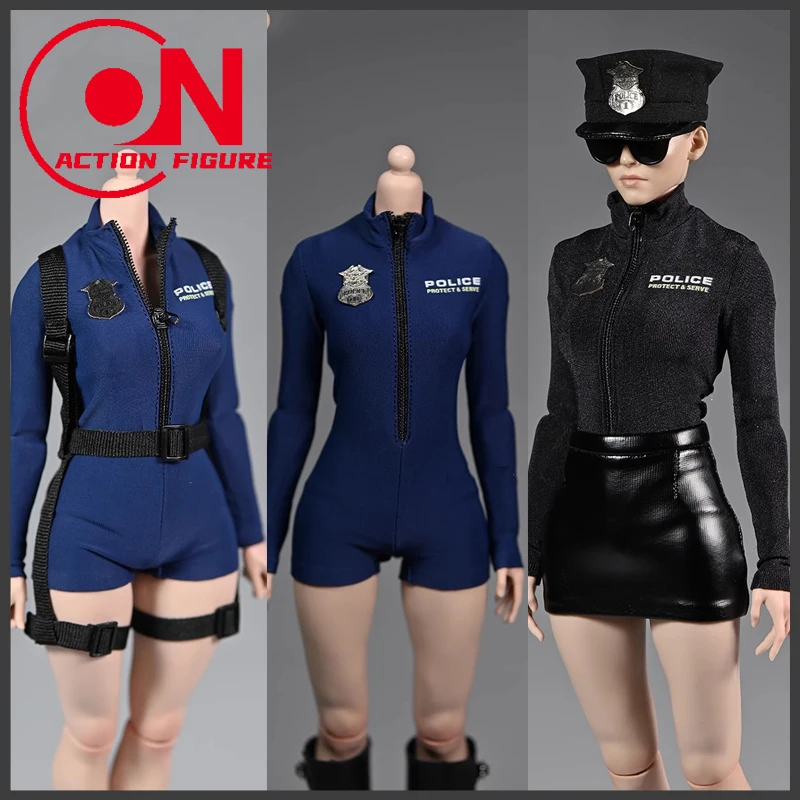 

1/6 Scale Female Cop Cosplay Long Sleeve Bodysuit Letter Print Short Skirt Accessory Black Belt Police Cap For 12" Body