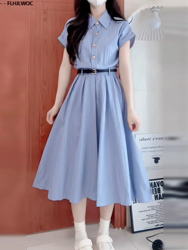 Blue Striped Shirt Dresses New Design Y2K Sweet Girls Women Summer Short Sleeve Preppy Style Retro Vintage Long Dress With Belt