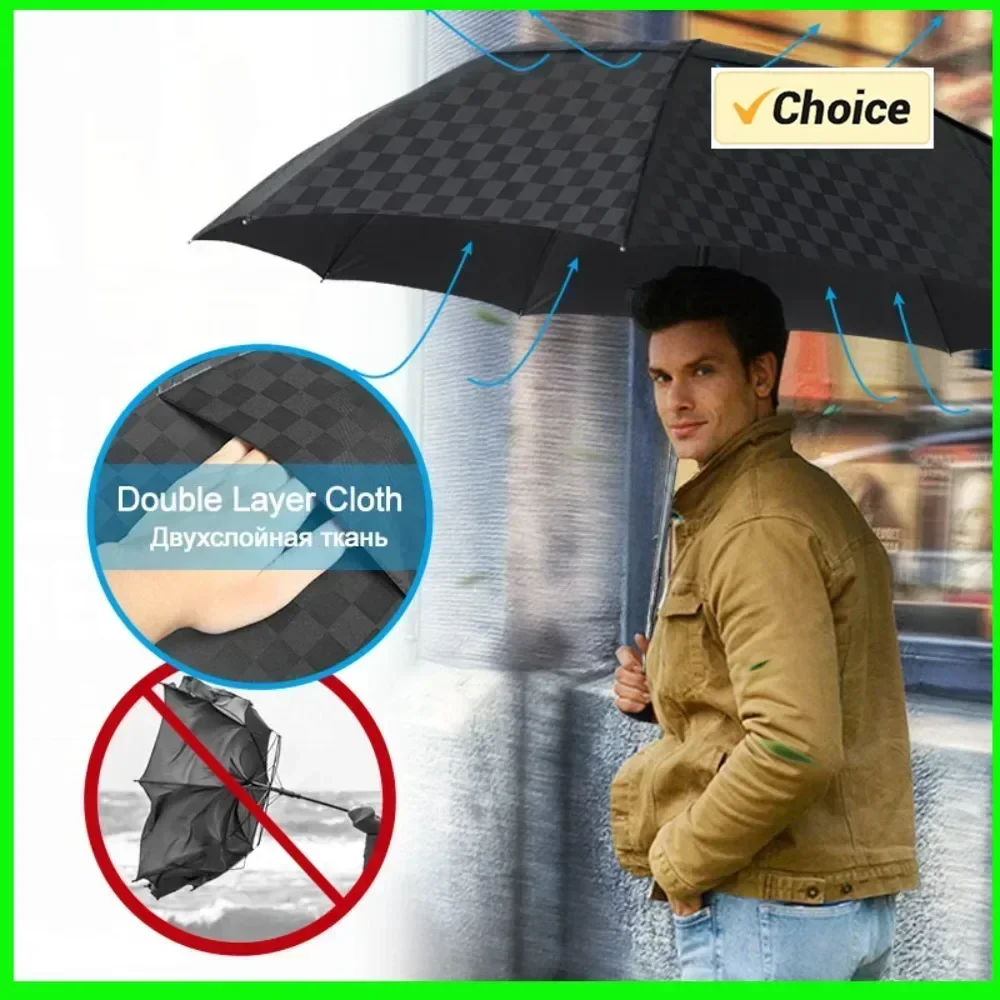 

Ветрозащитный зонт-трость 3-в-1 для мужчин и женщин, двухслойный, большой, 10K, деловой, темно-серый в клетку, для семьи и путешествий