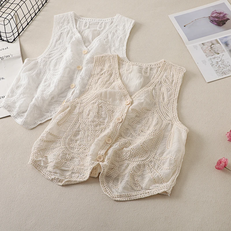 

2026 New Style Breathable Cotton Linen Hook Flower Summer Vest Irregular Hemline Open Cardigan Tank Top Women's Fashion