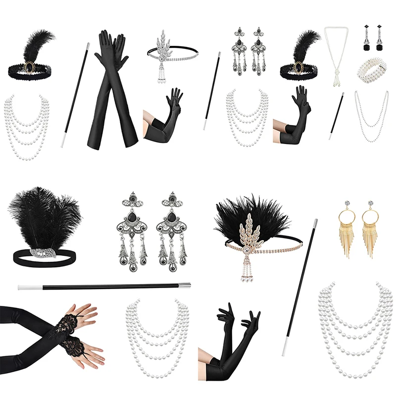 1Set 1920's Cosplay Flapper Halloween Costume Headband Pearl Necklace Long Glove  Masquerade Set Accessories