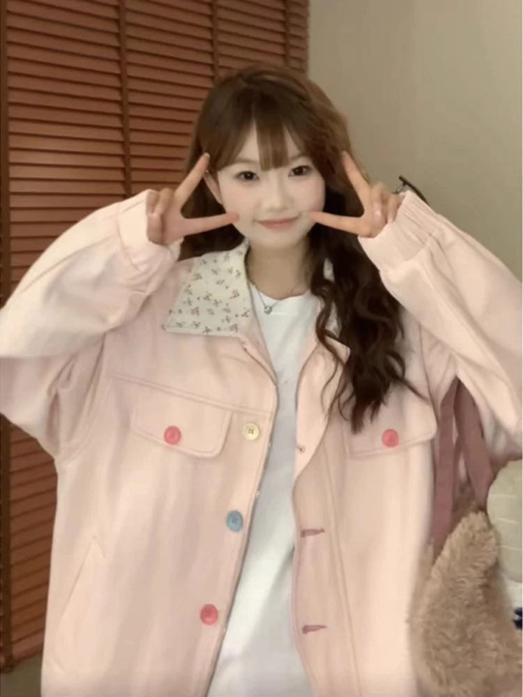 الوردي الحلو Ne البيسبول Jaet المرأة الخريف الشتاء ملابس العمل فضفاضة Sle Dopane العصرية الصينية Sle زر حتى معطف #1