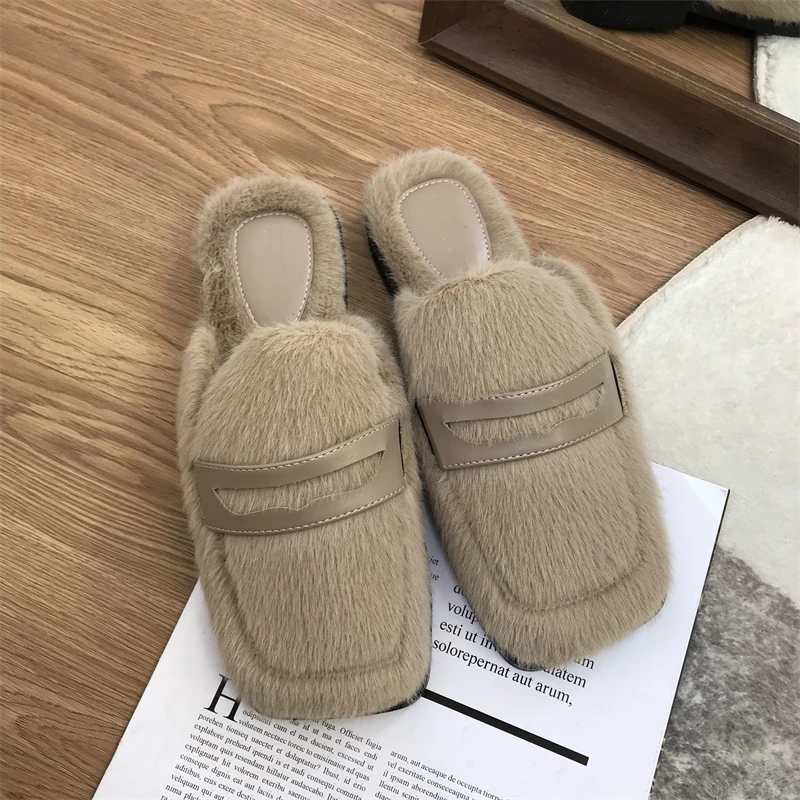 New Style Concise Square Toe Fur Mule Shoes Woman Winter Lazy Loafer Slippers Ladies Slip-on Capable Style Flat Plush Shoes