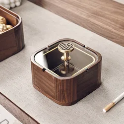 Walnut Solid Wood Ashtray Home Living Room with Cover To Prevent Fly Ash Creative Office Glass High-end Ash Cylinder Luxury