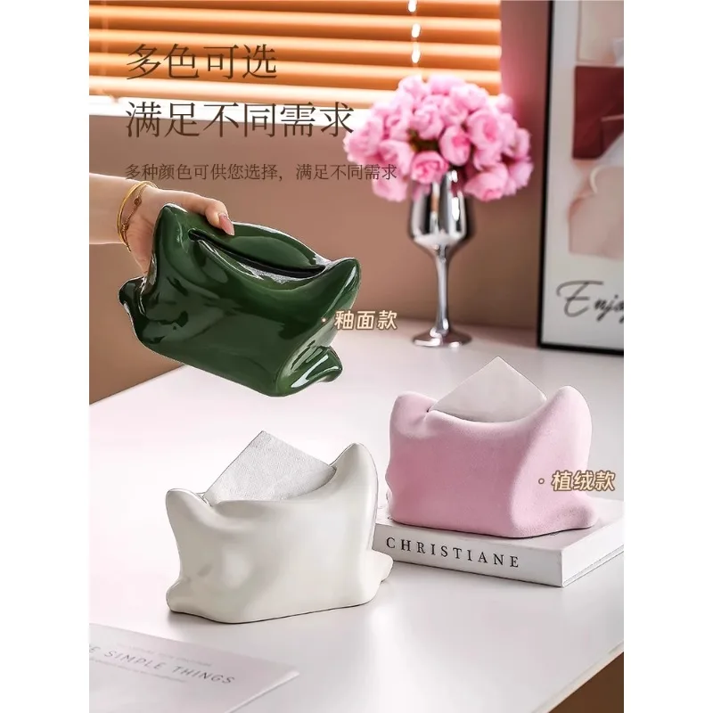 Cream Pillow Tissue Box Household High-end Ceramic Tissue Box Living Room Desktop Decoration Hotel Coffee Table Ornaments