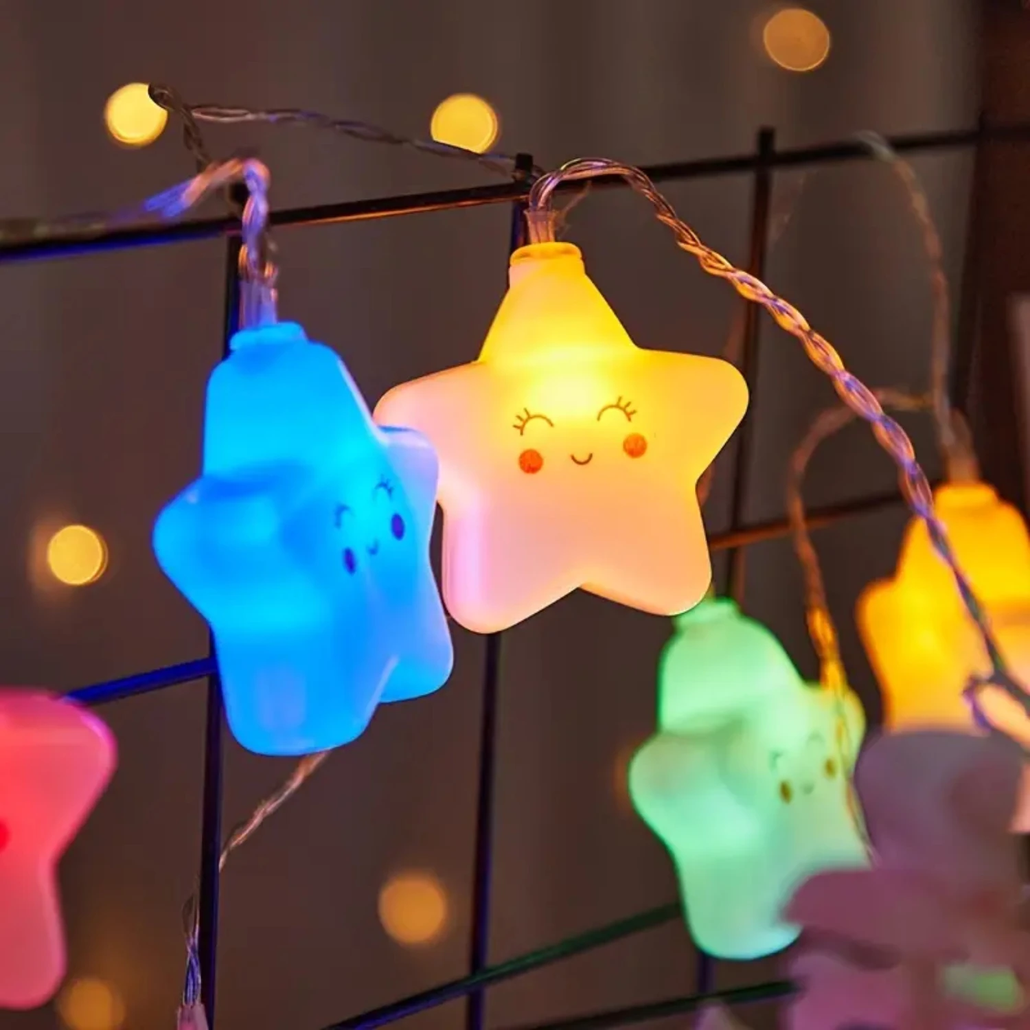 

Colorful, whimsical Battery Operated Small String Lights ideal for Kids Room Decor - featuring Happy Face Clouds and Stars Theme