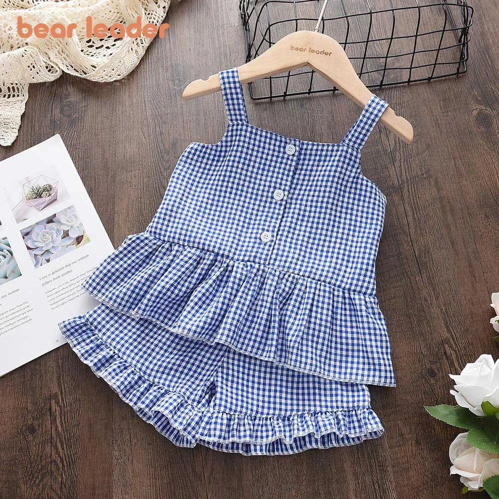 Bear Leader Baby Girls Clothes Sets Summer Plaid Print Girl Sleeveless Shirts Vest Shorts 2pcs Suit Casual Outfits Kids Clothes