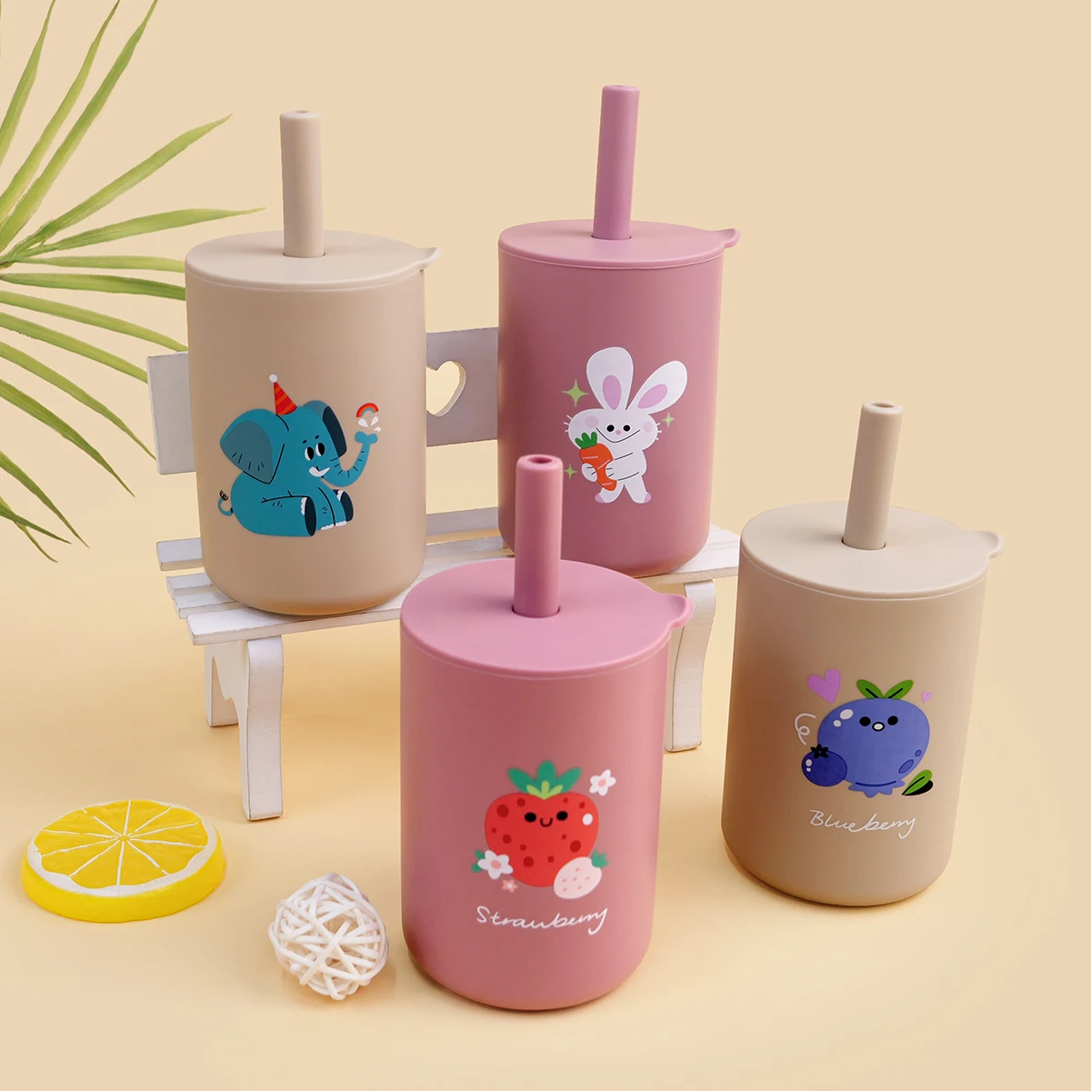 150ML Baby Silicone Cup with Exquisite Pattern Lid Portable Drink Straw Cup Children Leak-proof Feeding Grandma Bottle Cup