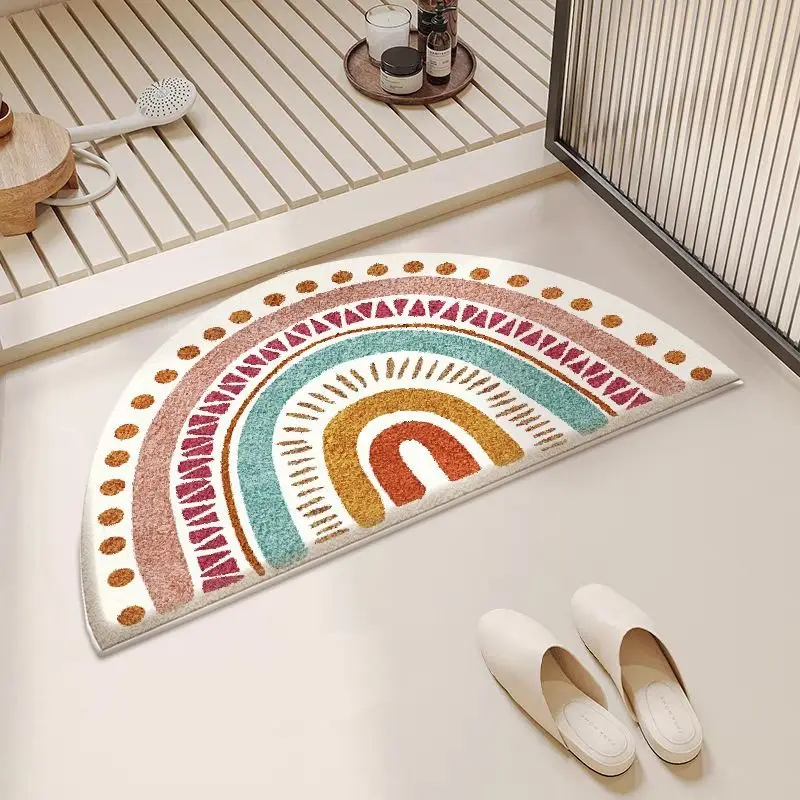 VIKAMA Semi Circular Rainbow Plush Soft Bath Mat Water Absorbent Non Slip Washable Toilet Hallway Entry Decor Rug
