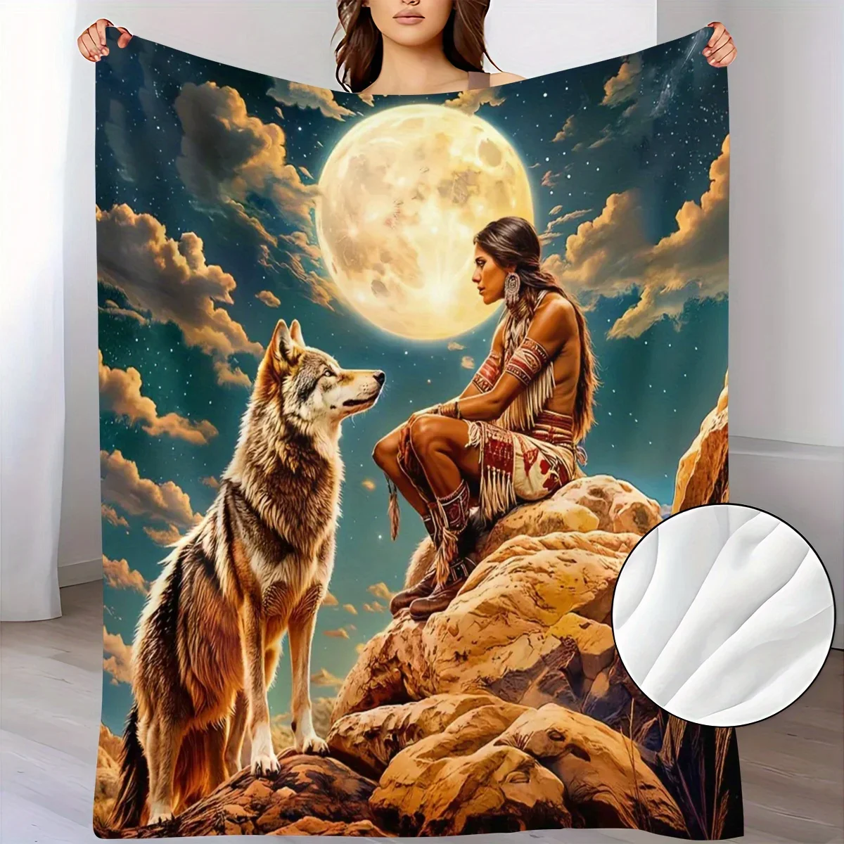 Mystic Tribal Woman & Wolf Blanket Boho Ethnic Lady Sitting On Cliff Rock With Majestic Wolf Under Glowing Full Moon Night