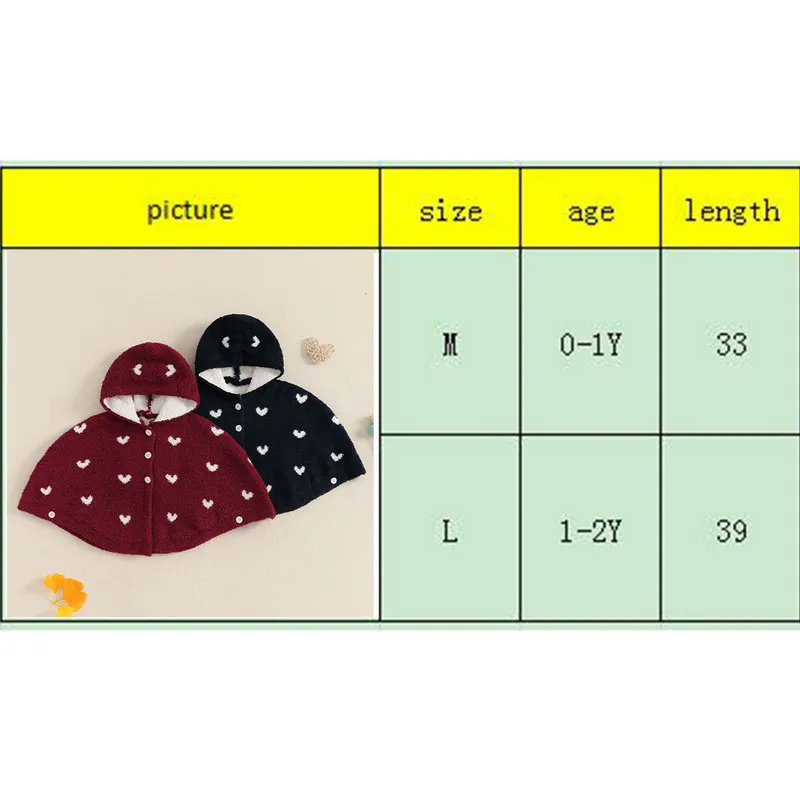 RUEWEY 0 to 2 Years Infant Baby Girls Winter Ponchos with Hood Love Heart Pattern Crew Neck Botton Down Cozy Stylish Coats