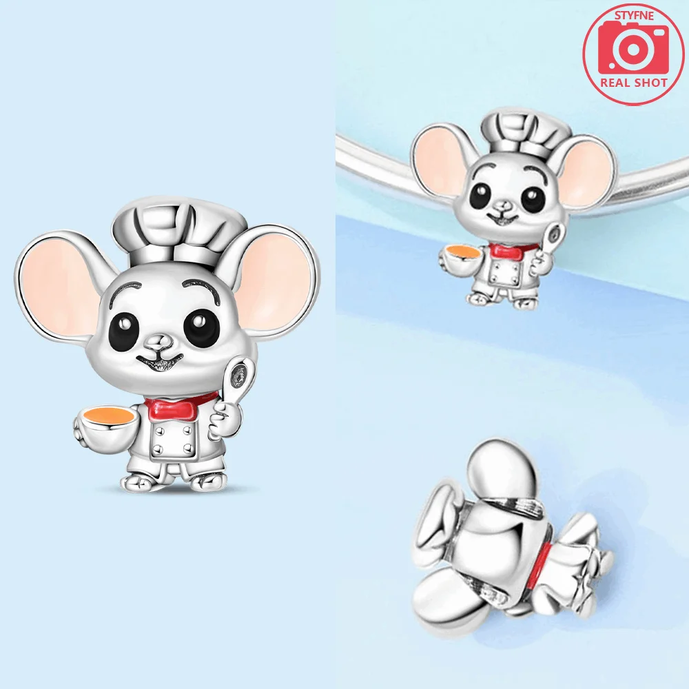 925 Sterling Silver Chef Mouse Charms Beads  Fit Original Bracelets Bag Keychain Earring Pendant Diy Women Jewelry Gift