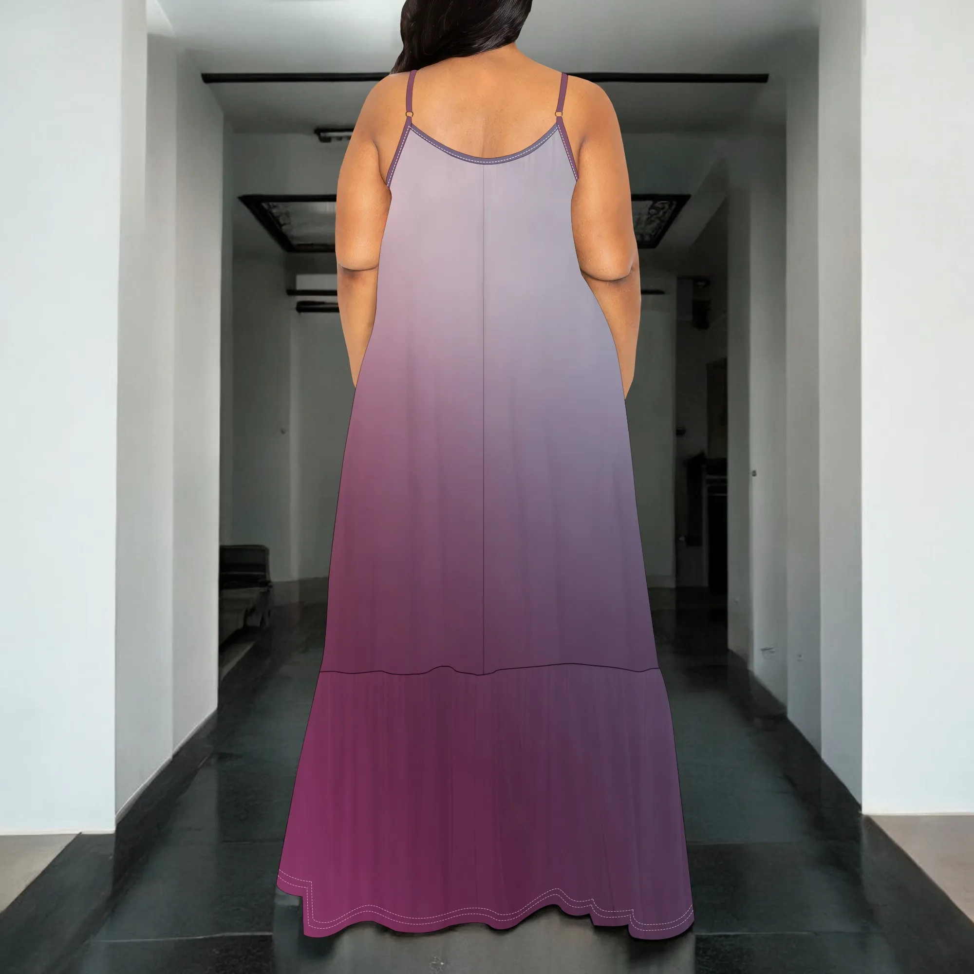 ผู้หญิงฤดูร้อน Maxi ชุดยาวลําลอง Boho สปาเก็ตตี้สายคล้องคอสีทึบ Gradient Beach Flowy Sun Dresses