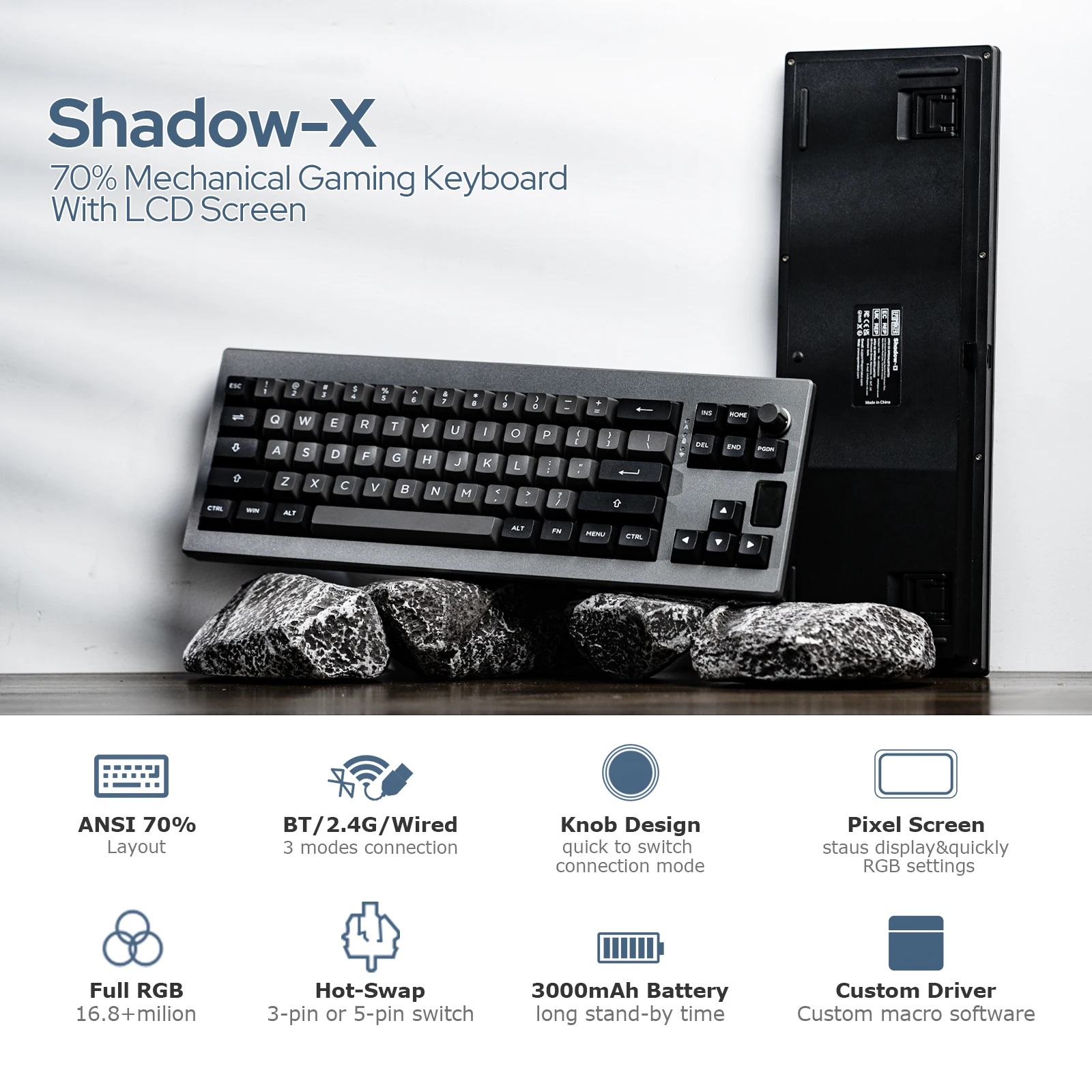 EPOMAKER Shadow-X Gasket Hot Swappable 2.4ghz/Bluetooth/USB-C Wired Wireless Mechanical Keyboard with Screen for Gaming/ Office