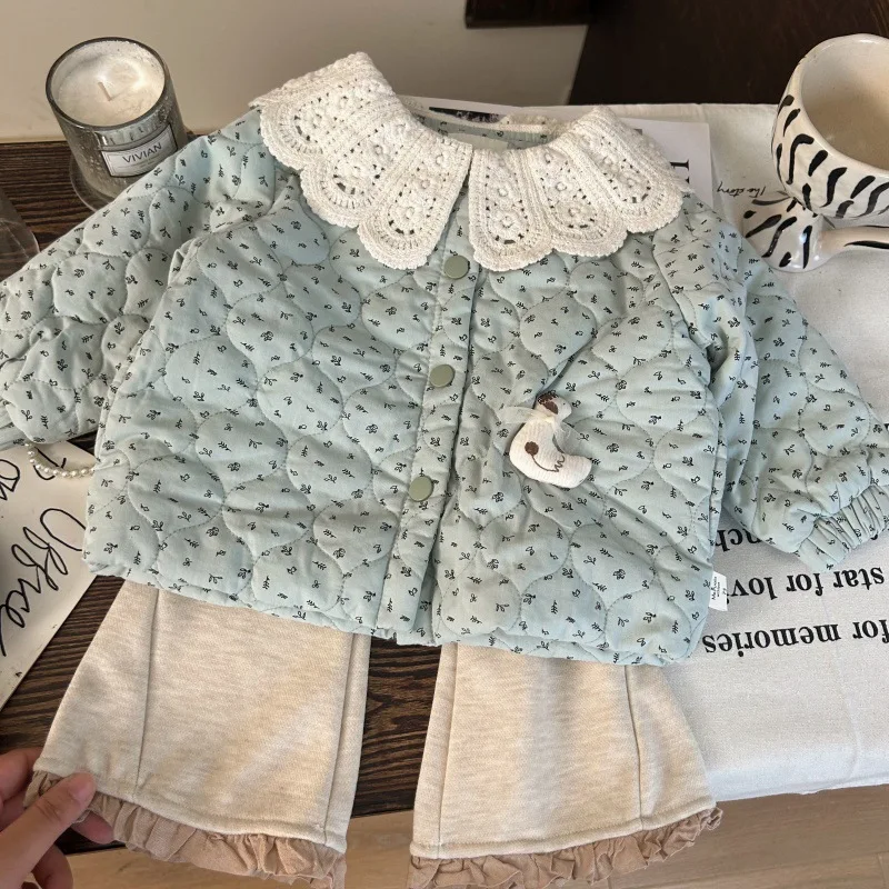 

Winter Little Girls Two-piece Set Lace Collar Duck Jacquard Thicken Warm Toddler Girls Parkas Jacket+casual Kids Girls Pant