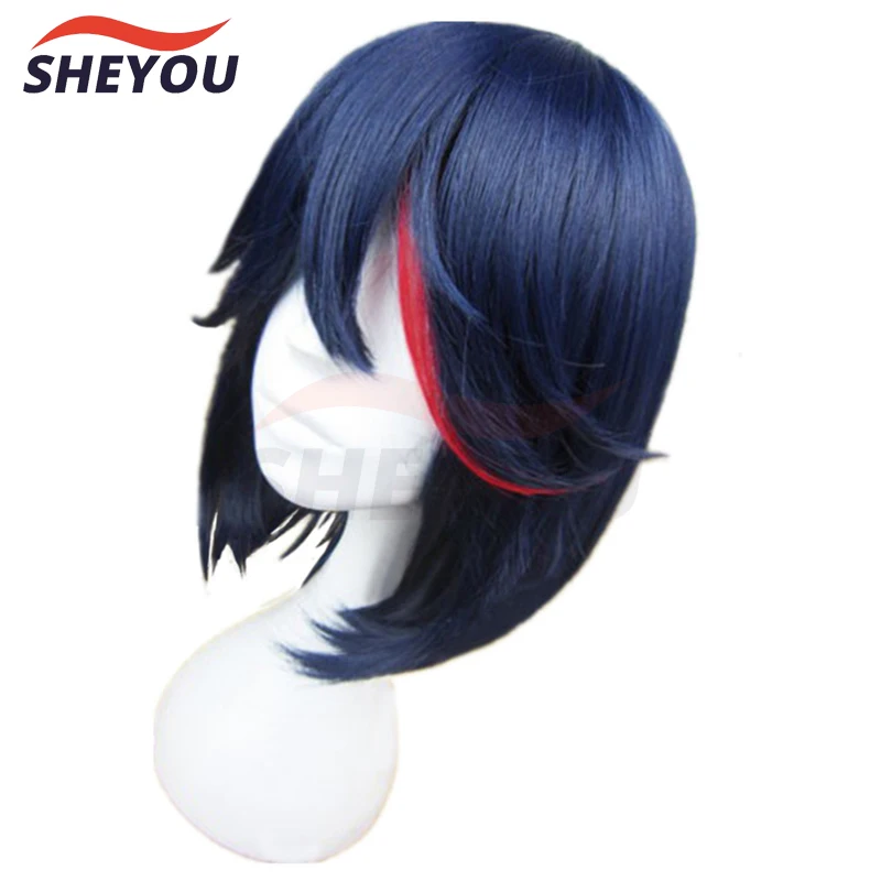 High Quality Anime KILL la KILL Matoi Ryuko Short Blue With Red Heat Resistant Hair Cosplay Costume Wig + Track + Wig Cap