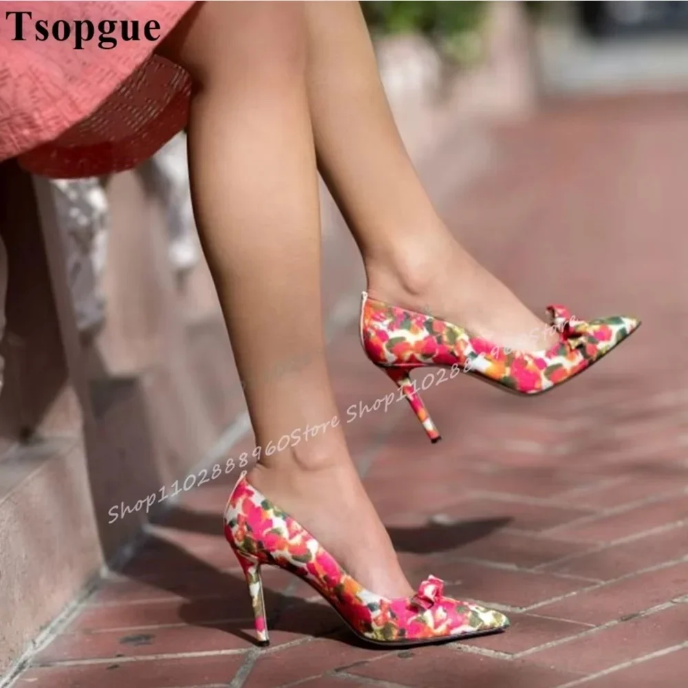 Mixed Color Flower Print Bowknot Pointy Pumps Stilettos High Heel Shoes For Women Slip On Pointed Toe Casual Party Women Pumps