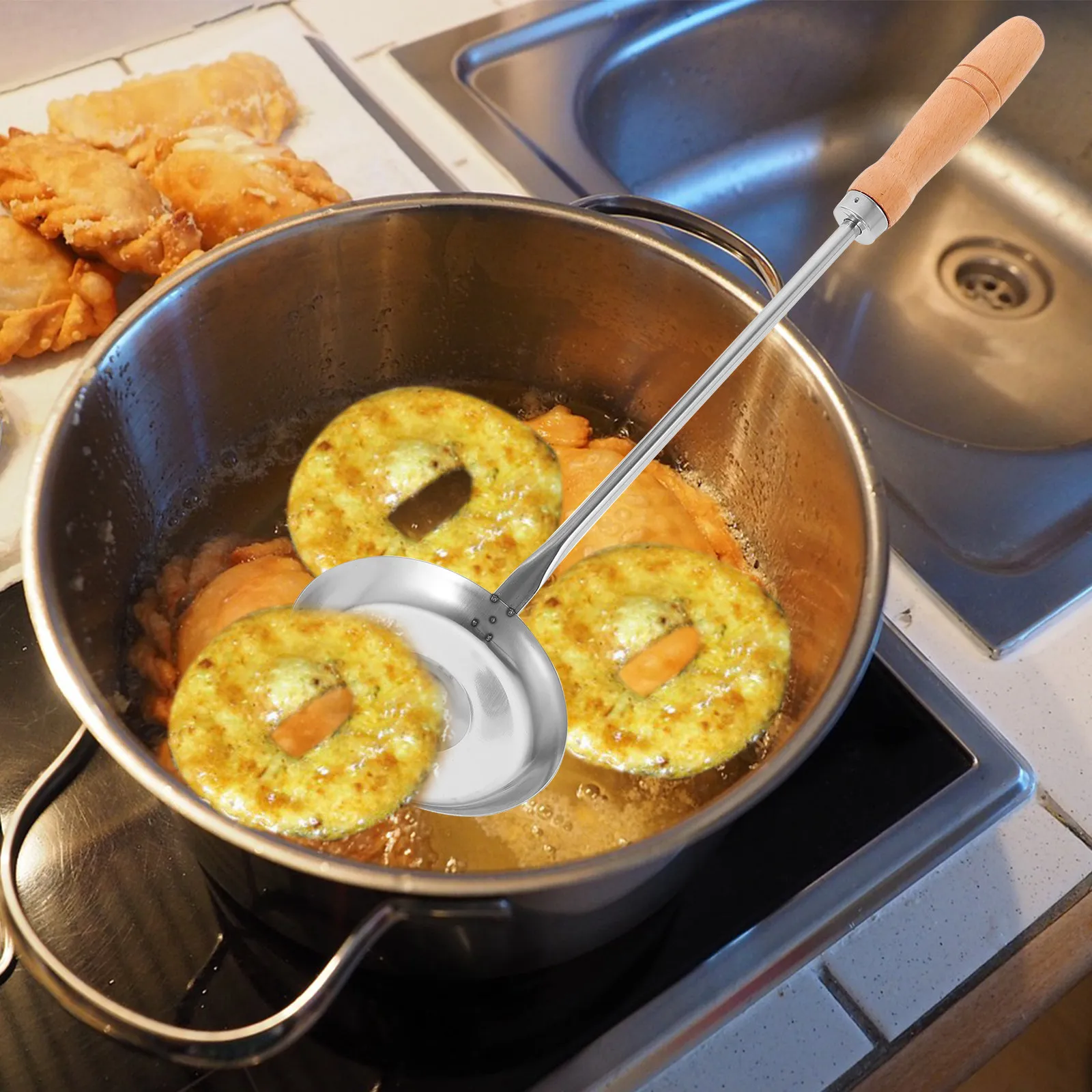 Stainless Steel Concave-Convex Spoon Wooden Handle Kitchen Frying Snack Mold Cooking Tool Non-Stick Oil Spoon Oil Frying Mold