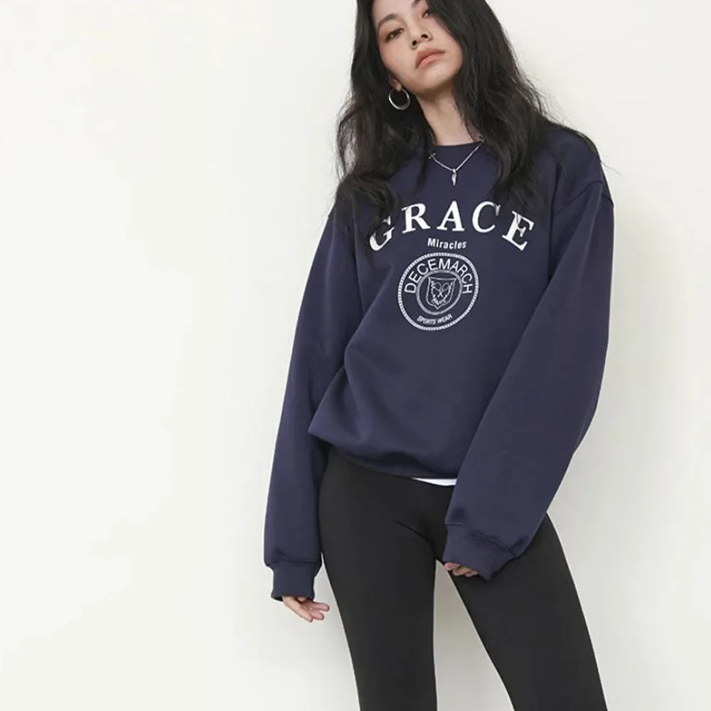 American Vintage Style Grace Navy Female Thick Warm Autumn Pullovers Long Sleeve Loose Cotton Crewneck Casual Women Sweatshirts