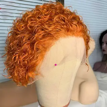 #350 진저 오렌지 컬러 짧은 곱슬 밥 가발, 픽시 컷 물결 가발, 99j 저렴한 13 × 1 레이스 프론트 인모 가발, 흑인 여성용