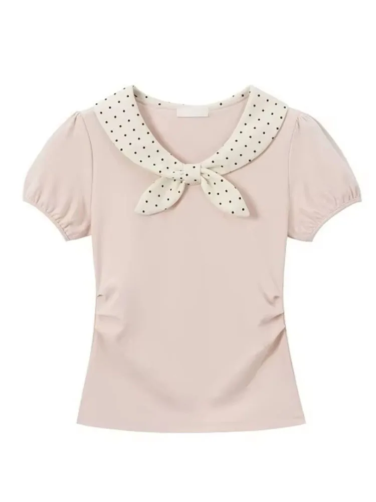 Women T Shirts Sweet Polka Dot Printed Peter Pan Collar Short Sleeve Vintage Tops Y2k Aesthetic Harajuku Female Tee