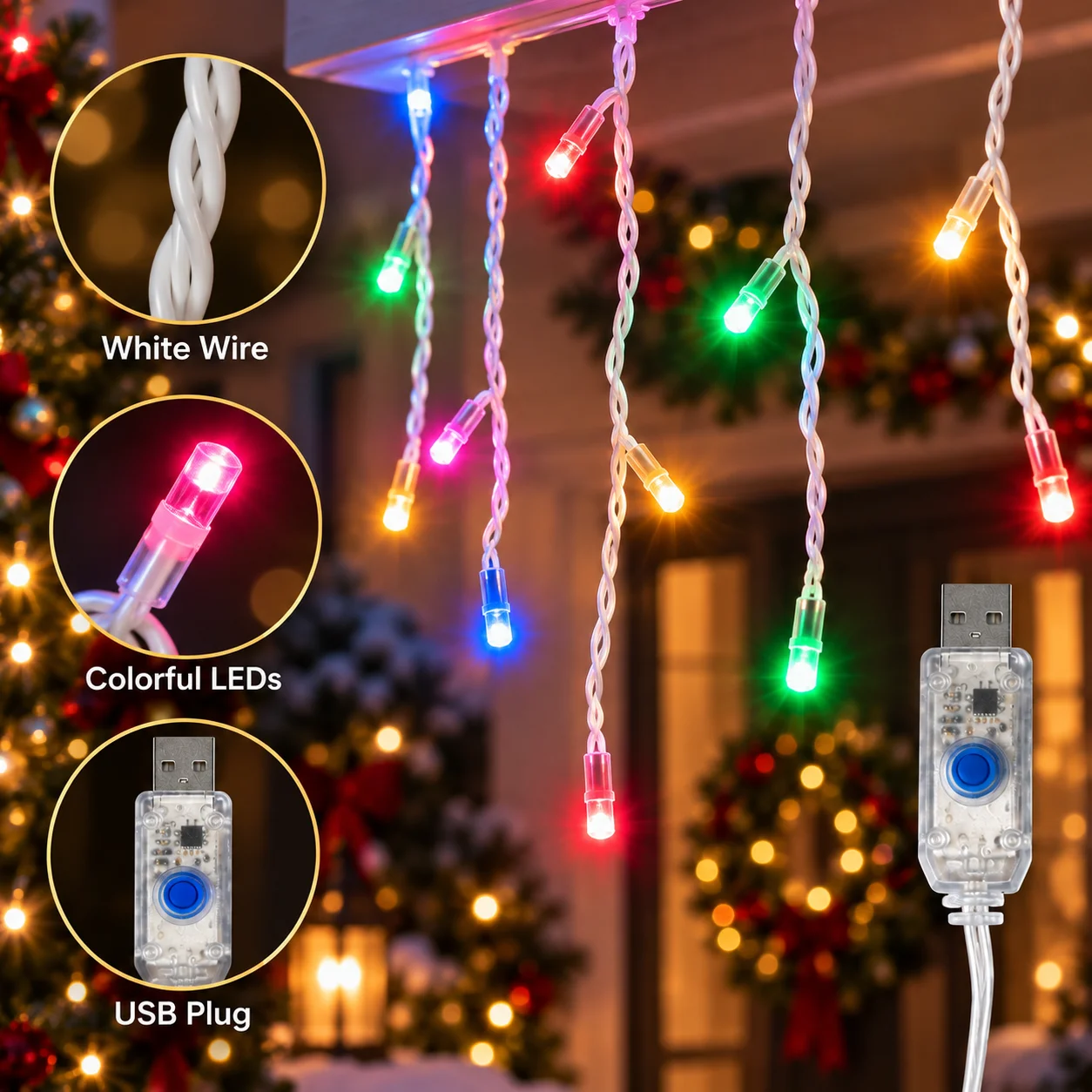 Christmas Icicle Lights USB Cascading String Lights 100LED/200LED 8 Modes for Roof Eaves Window Porch Balcony Party