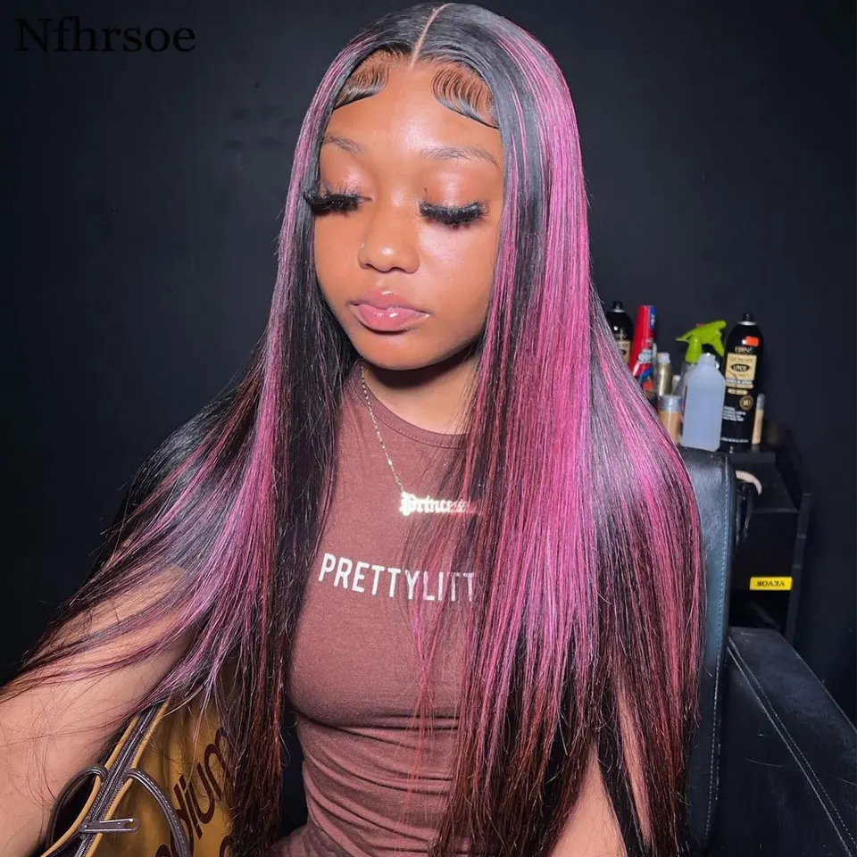 Highlight Pink Wig Lace Front Wigs Human Hair Peruvian Hair Straight HD Transparent Lace Frontal Wigs For Women Bleached Knots