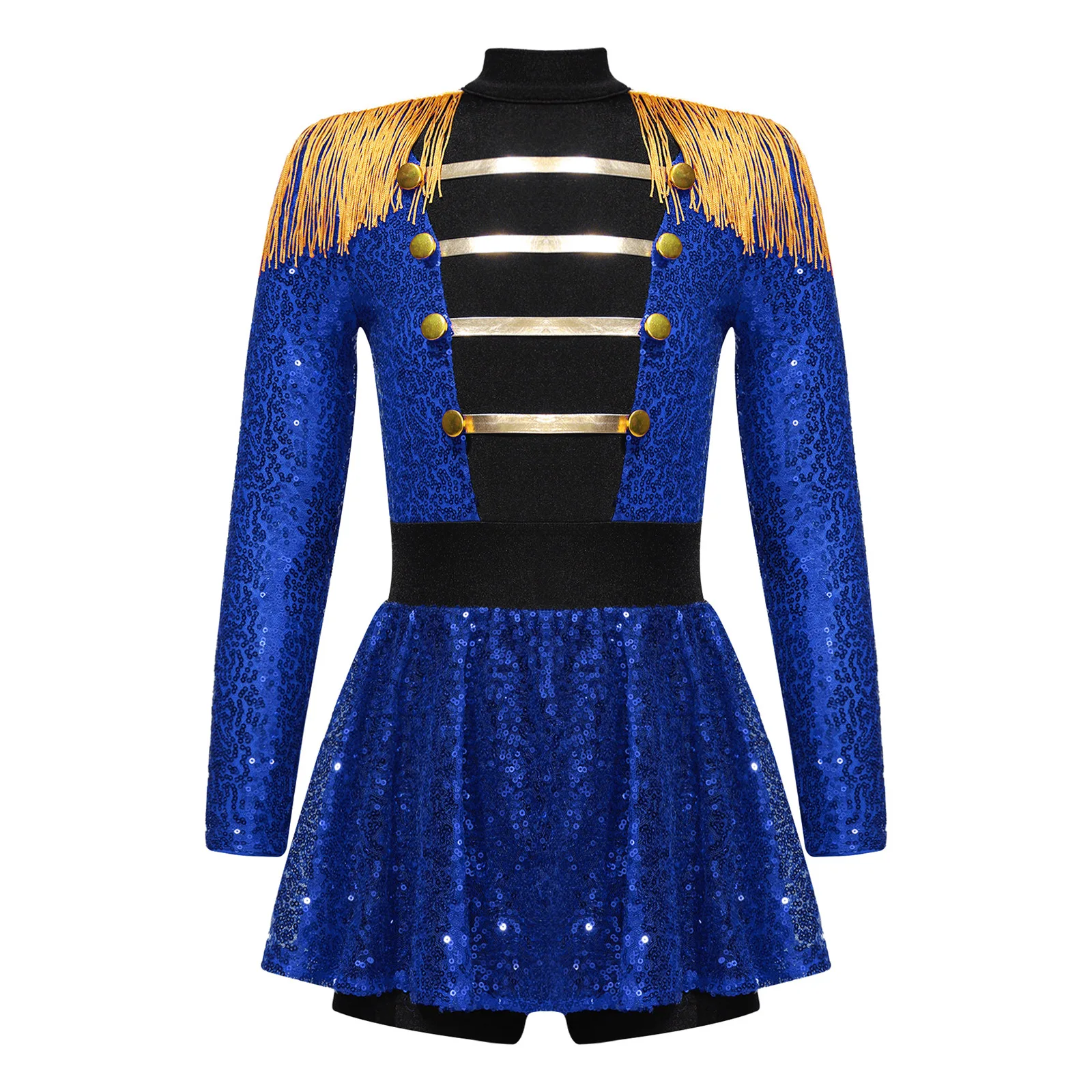 Kids Girls Ringmaster Circus Costume Long Sleeve Tassel Epaulet Shiny Sequins Leotard Dress Halloween Cosplay Dance Jumpsuit