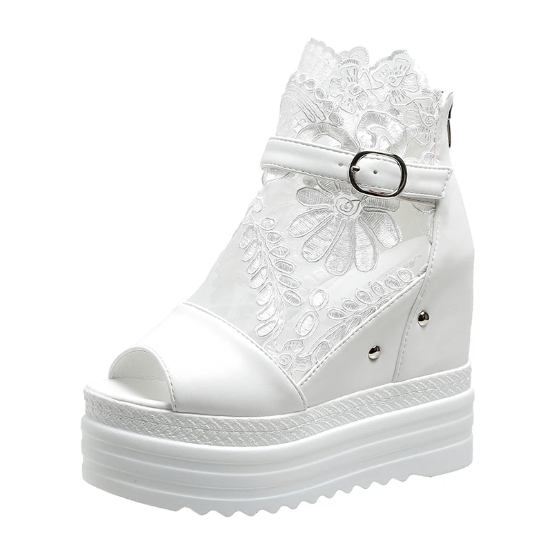 Summer Crystals Buckle Platform Sandals Women Cool ZIP Boots 10cm Wedges Heel Height Increasing Peep Toe Lace breathable Shoes