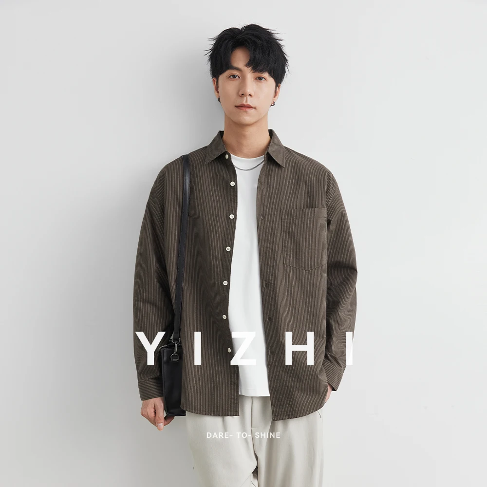 Men's Retro Lapel Cotton Long Sleeve Shirt Autumn 2025 New American Striped Casual Shirt Jacket Men's Clothing