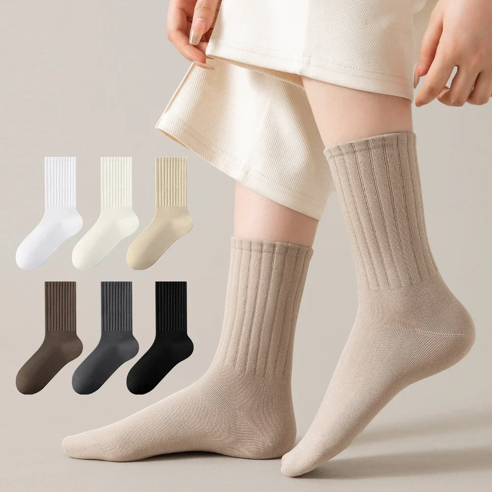 Women Elastic Socks Solid Color Fashion Classic Striped JK Socks Coffee Beige White Black Cotton Middle Tube Long Casual Socks