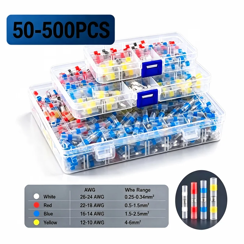 50-500PCS Waterproof Heat Shrink Solder Seal Wire Connectors 26-10 AWG Adhesive Butt Splice Terminal Kit for Cable Repair