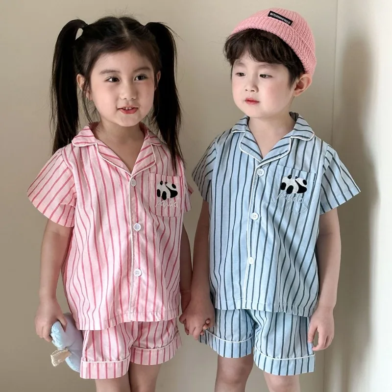 2025 Summer Kids Home Wear Thin Striped Boys Pajamas Set Short Sleeve Panda Embroidery Cardigan+Shorts 2Pcs Girls Sleepwear