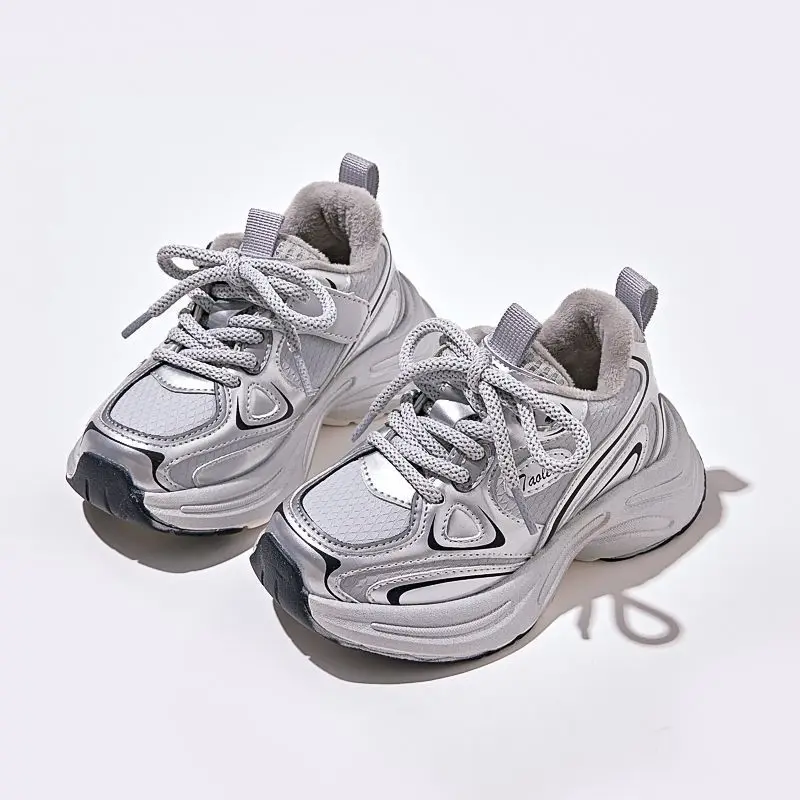 

Спортивные кроссовки на массивной флисовой подкладке для девочек, зима 2026, детская обувь из плотного хлопка для папы, теплая удобная уличная повседневная обувь