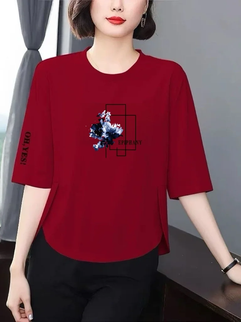 

Loose Printed Three Quarter Sleeve T Shirt Women's Flattering Meat Concealing Fashionable Youthful All Season Top