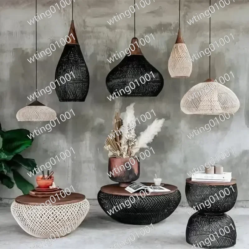 for Designer Vintage Handmade Rattan Pendant Lamp Japanese Style LED Lighting Fixture for Kitchen Island Loft Dining Room