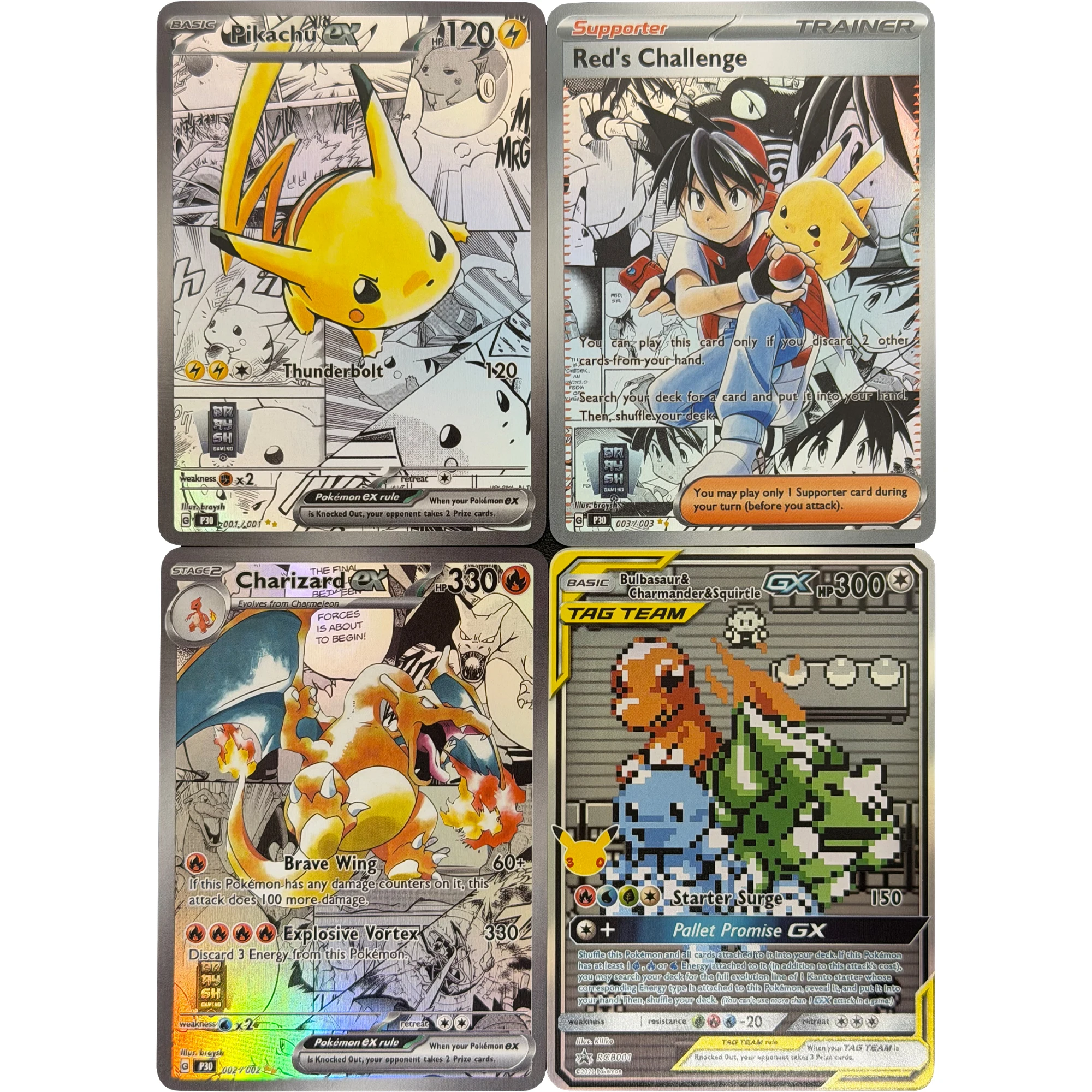 

4Pcs/set Ptcg English Pika Charizard Red's Challenge Bulbasaur Refracted Flash Card Self Made Classic Game Anime Collection Card