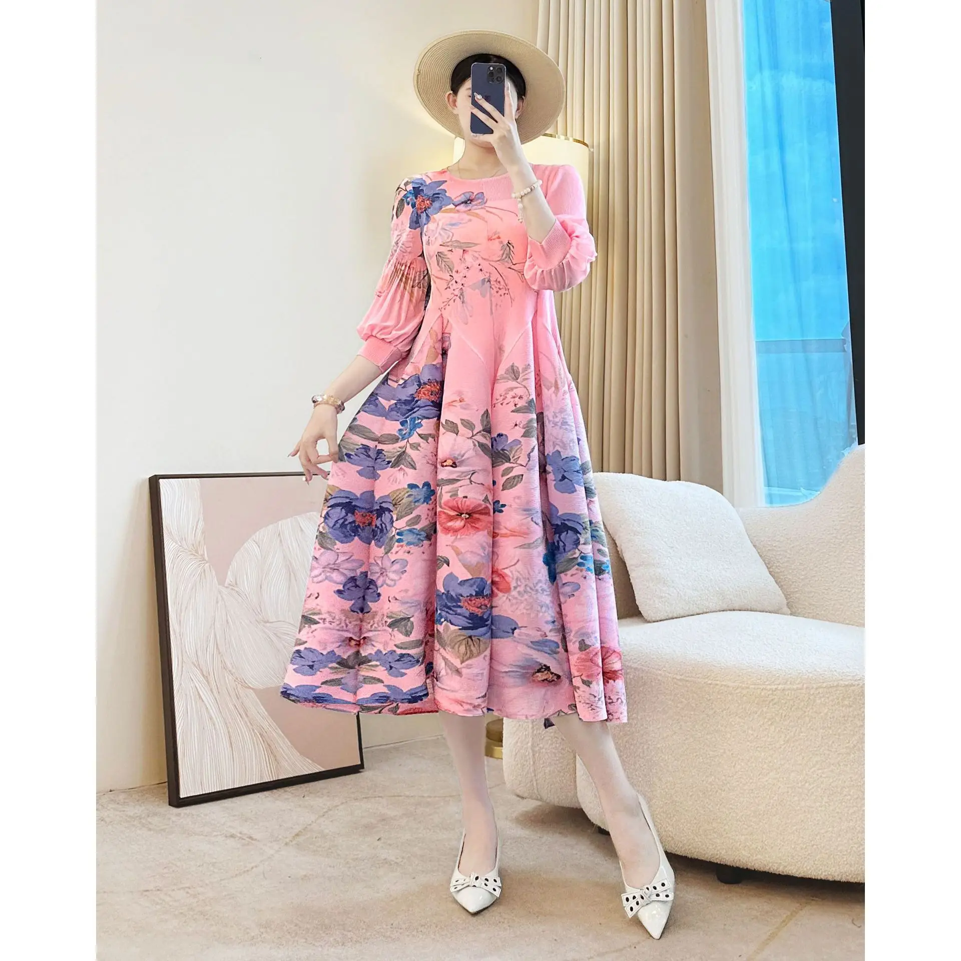 Miyake Elegant Plant Floral Printing Pleated Women's Dress Chic New Round Collar Lantern Sleeve Elastic Loose Casual Dresses