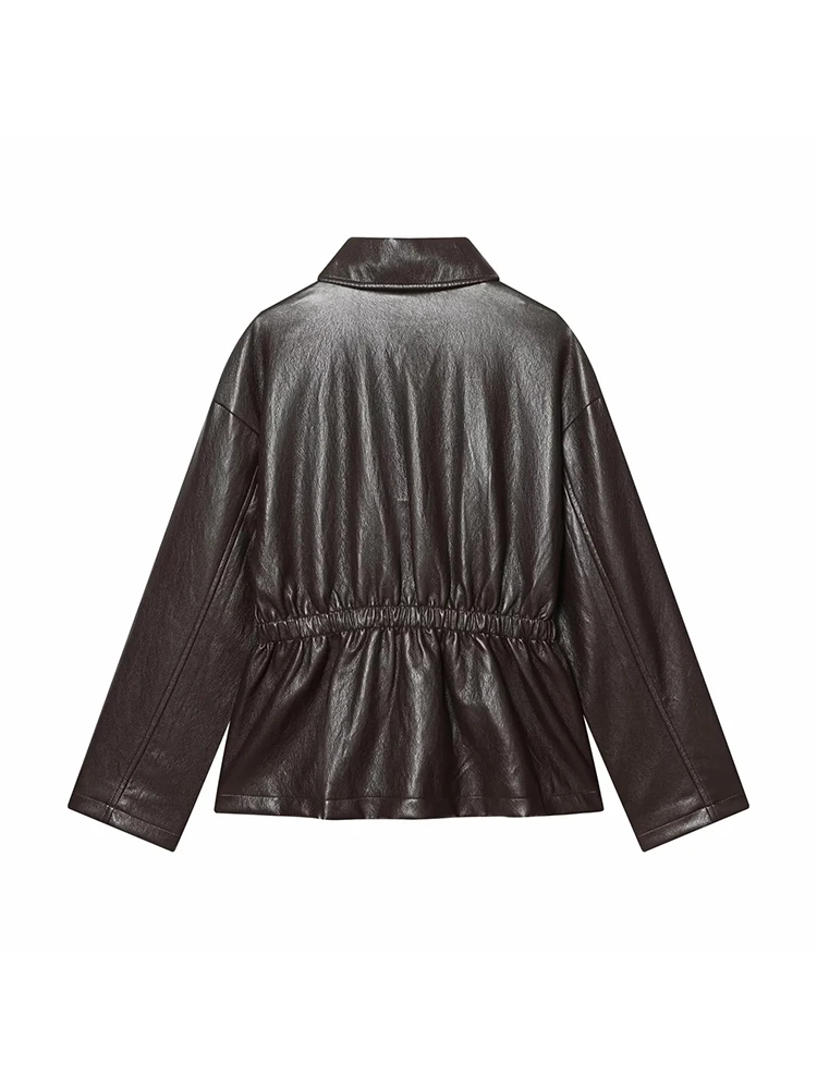 Jaqueta Curta de Couro Sintético Feminina para Primavera e Verão, Moda Urbana com Lapela e Bolsos