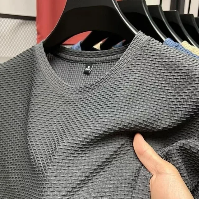 Męska koszulka z siateczki Ice Silk, krótki rękaw, okrągły dekolt, nowa koszulka męska, letnia koszulka męska w jednolitym kolorze.