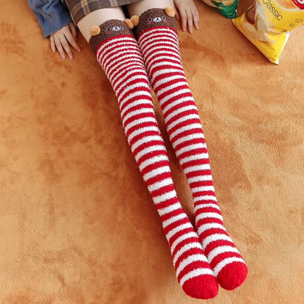 Cute Striped Over-knee High Socks Bear Cartoon Winter Stockings Women Warm Thicken Coral Fleece Stockings Christmas Gifts