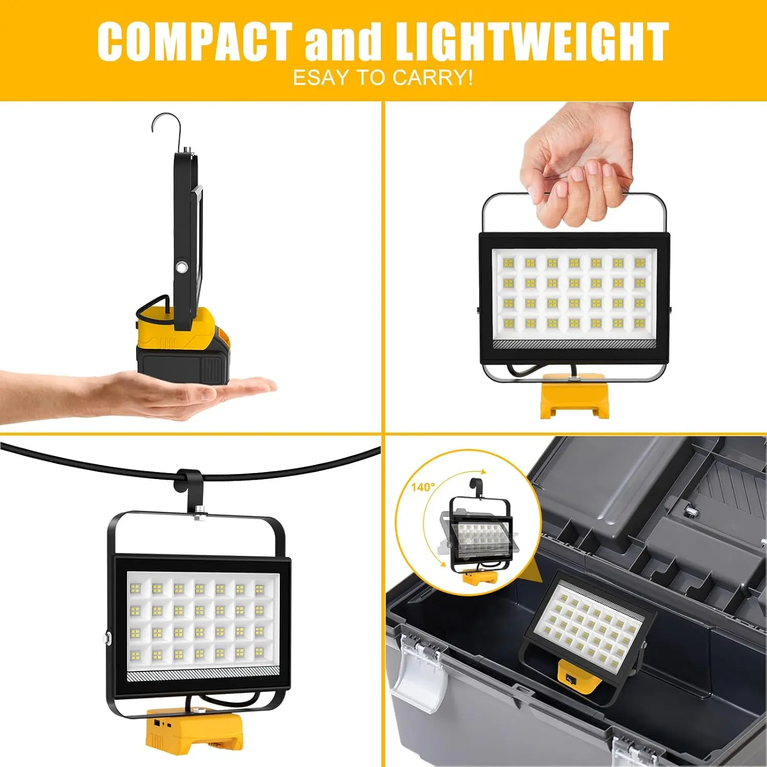 48W/60W/100W Portable LED Work Light Rechargeable LED Flood Light for Dewalt 18V-20V Li-ion Battery Cordless Work Light 6000k