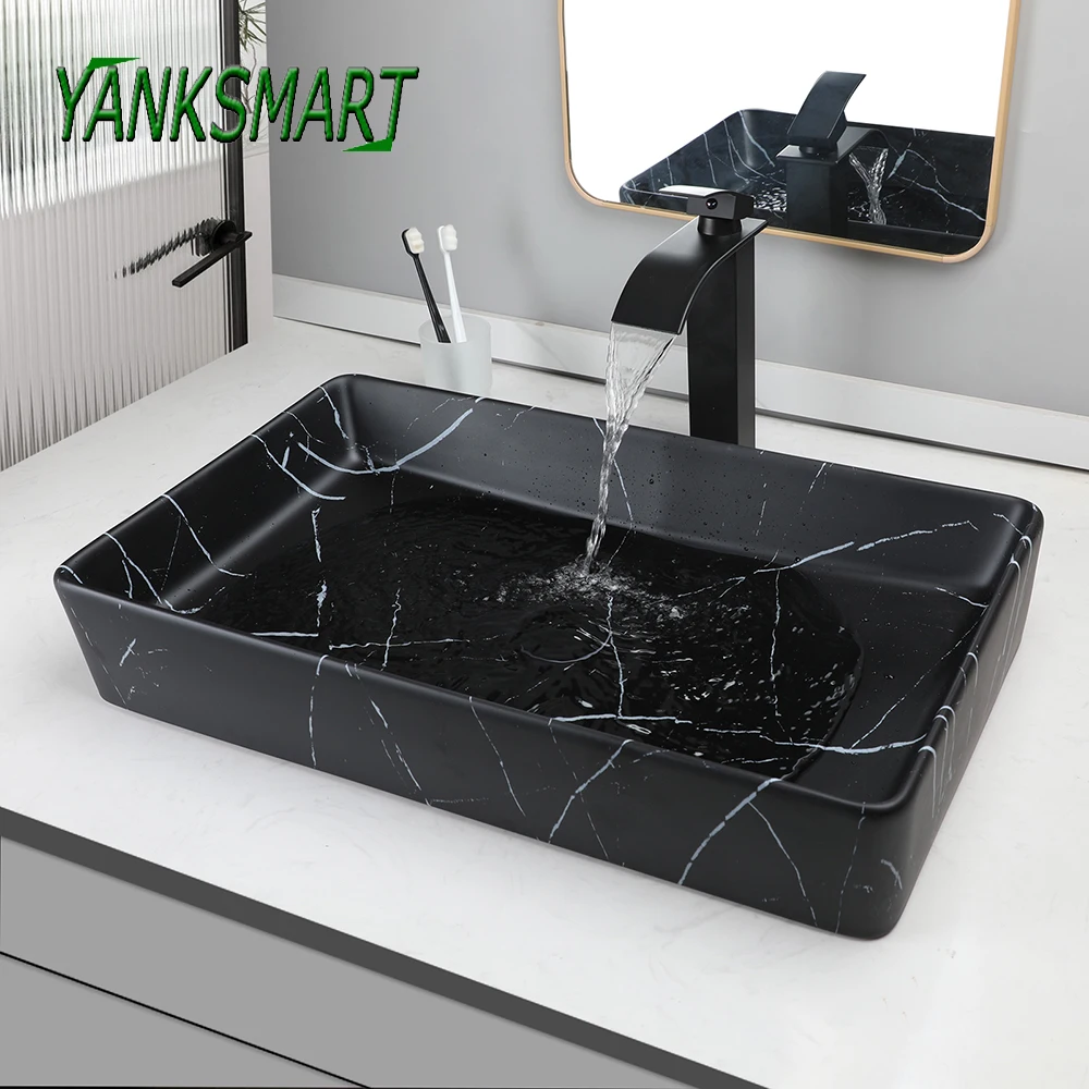 

YANKSMART Ceramic Rectangular Bathroom Basin Vanity Counter Top Large Vessel Sink with Black Waterfall Faucet & Pop-up Drain Set